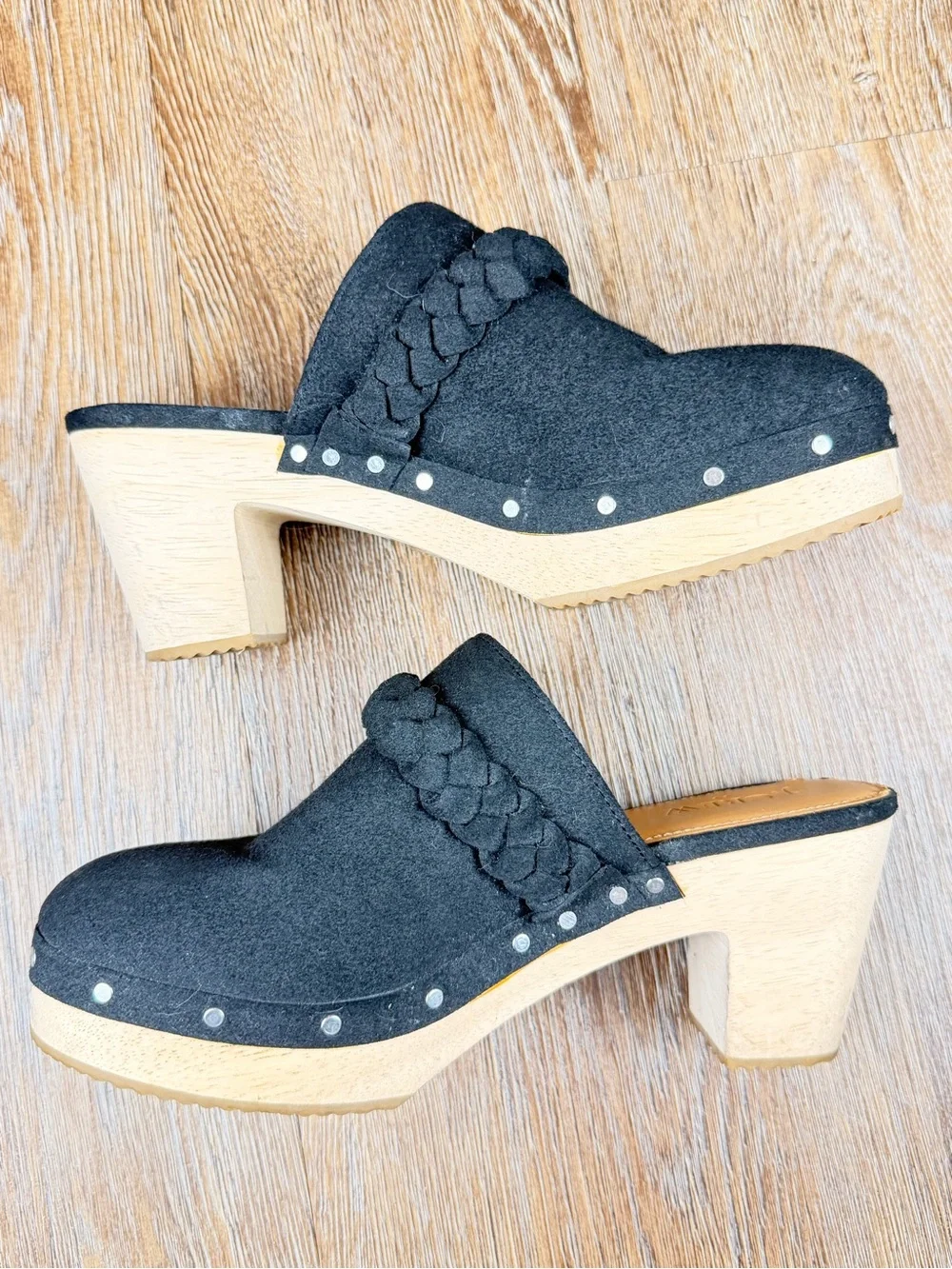 J.Crew Suede Braided Platform Clogs Black Silver Studded Wood Heel BJ249 | 6.5